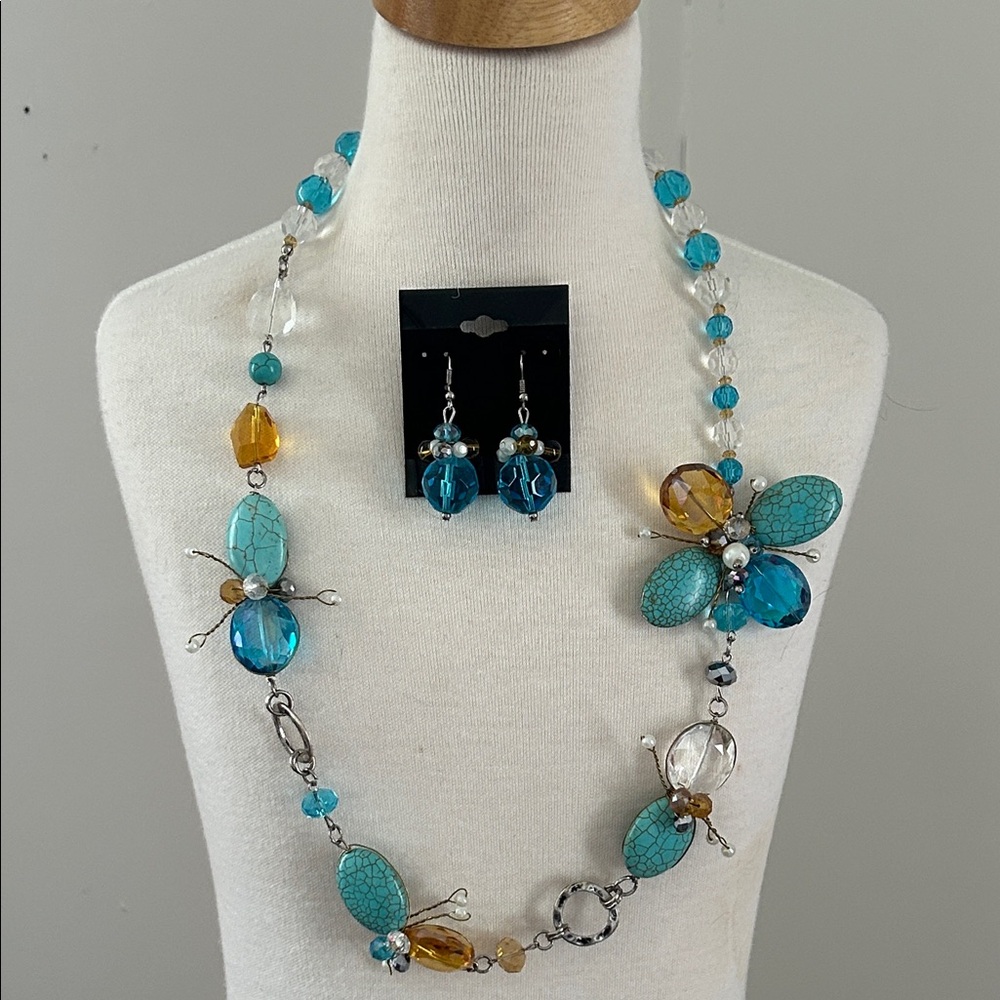 Faux Turquoise and Amber Glass and Acrylic  Bead Necklace & Earring Set